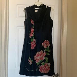 Talbots Black Dress with Floral Rose Accent and Scarf